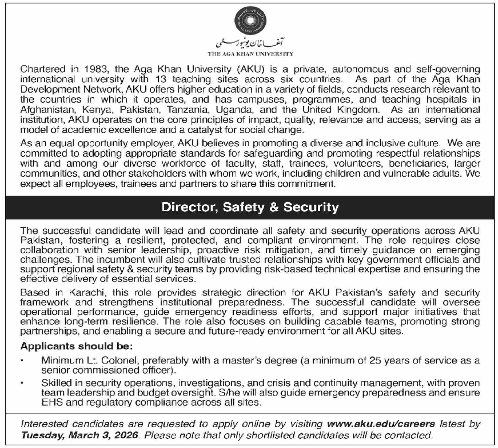 Safety Director Jobs at Aga Khan University Karachi