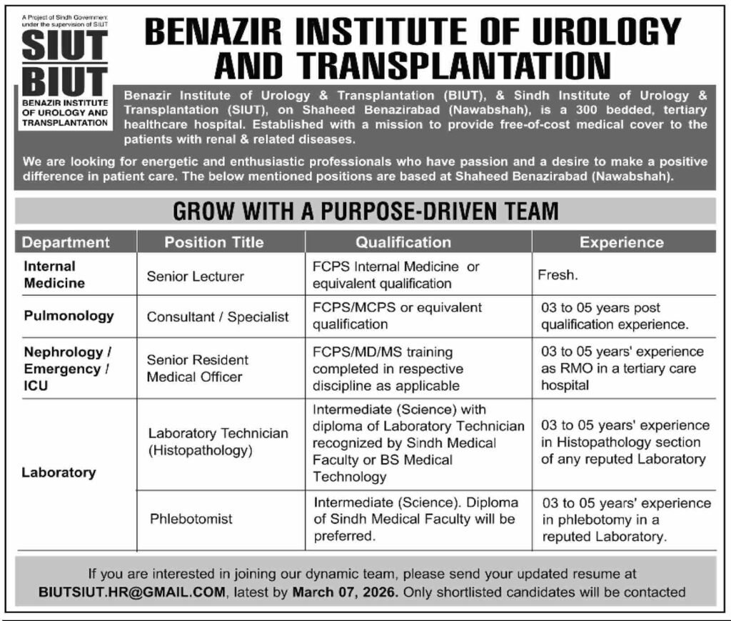 Benazir Institute of Urology and Transplantation BIUT Jobs 2026