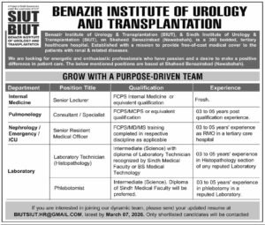 Benazir Institute of Urology and Transplantation BIUT Jobs 2026