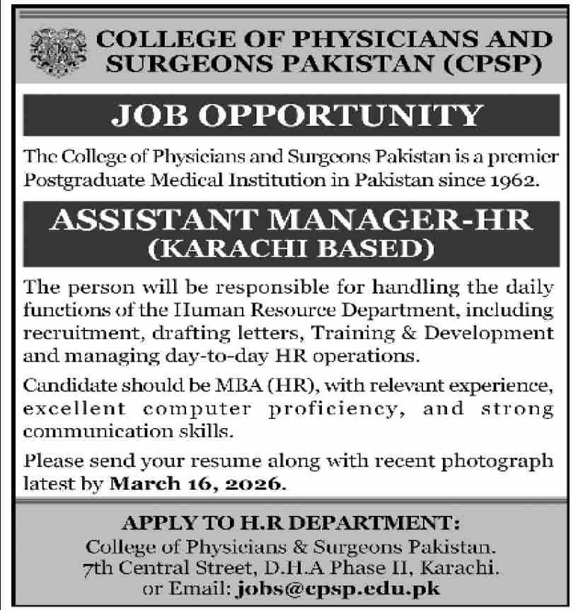 College Of Physicians and Surgeons Pakistan Karachi Based Jobs