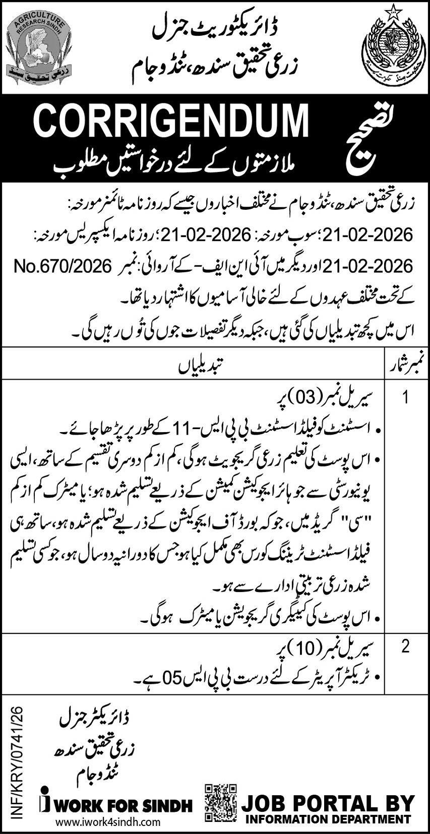 Directorate Agriculture Research Sindh Tandojam Jobs 2026