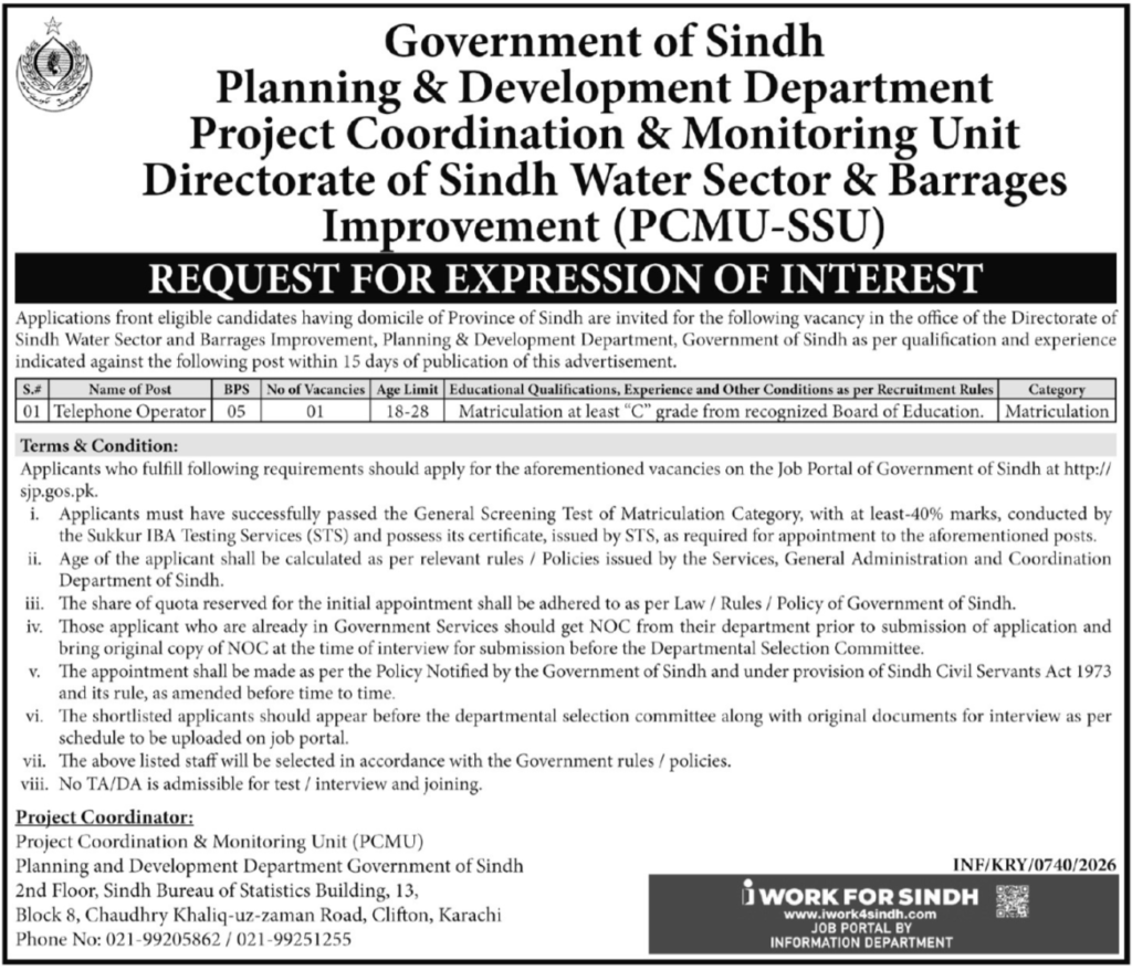 Directorate Of Sindh Water Sector and Barrages Sindh Jobs 2026