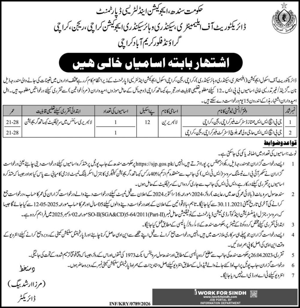 Jobs at Sindh Elementary Secondary and Higher Secondary 2026
