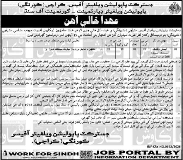 Latest Population Welfare Department Karachi Korangi Jobs