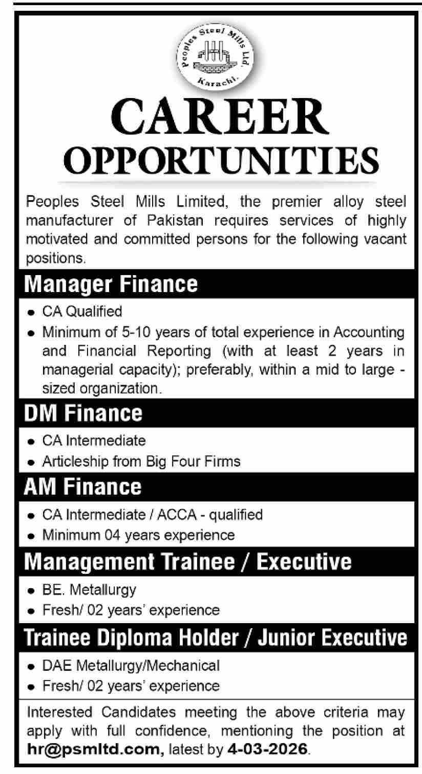 Career Opportunities at Peoples Steel Mills Limited 2026