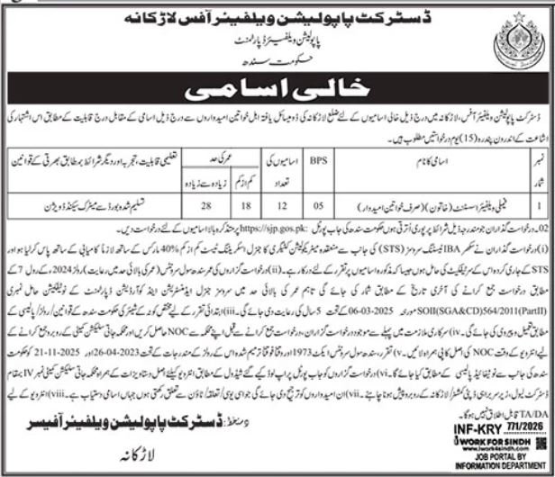 Population Welfare Department Larkana Jobs 2026
