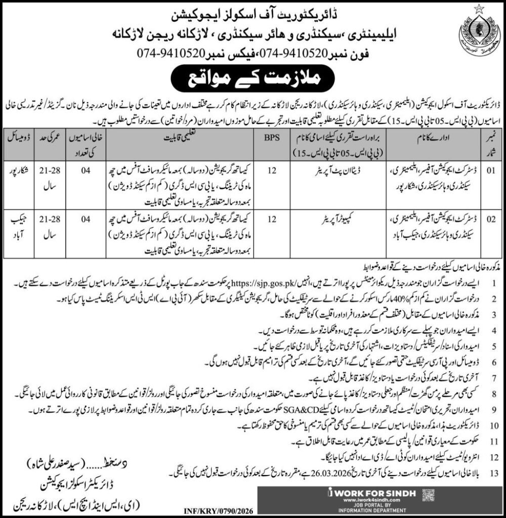 Sindh Directorate Of Schools Education Larkana Jobs 2026