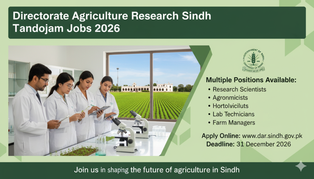 Directorate Agriculture Research Sindh Tandojam Jobs 2026