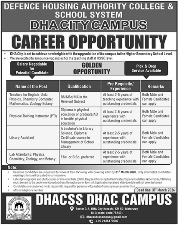 Defence Housing Authority College & School System  Jobs 2026