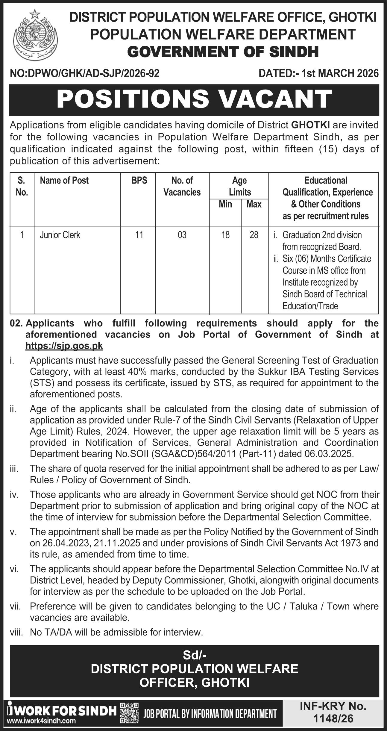 District Population Office PWD Ghotki Jobs 2026