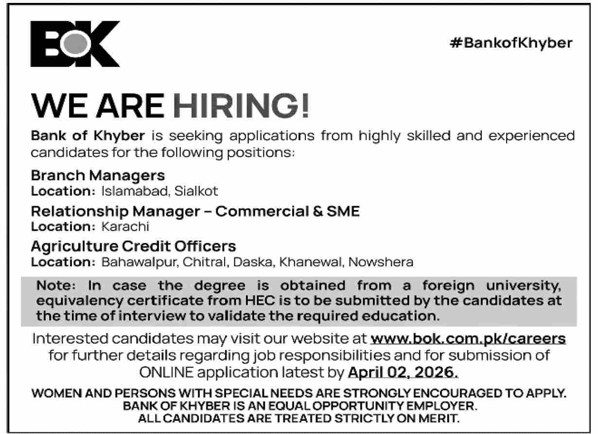 Bank Of Khyber BOK Jobs 2026 For Branch Managers