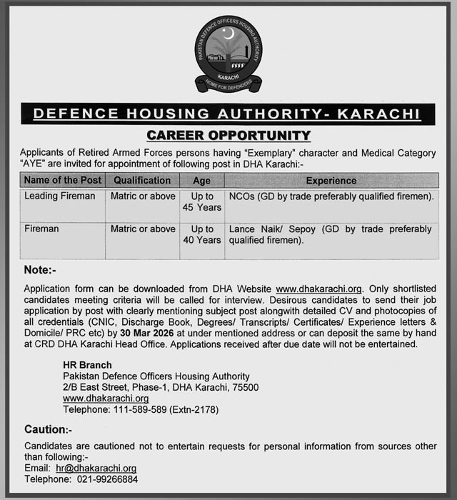 Defence Housing Authority DHA Jobs 2026 For Fireman