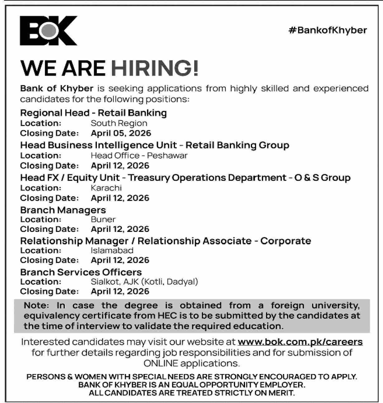 Job Vacancies At The Bank Of Khyber BOK
