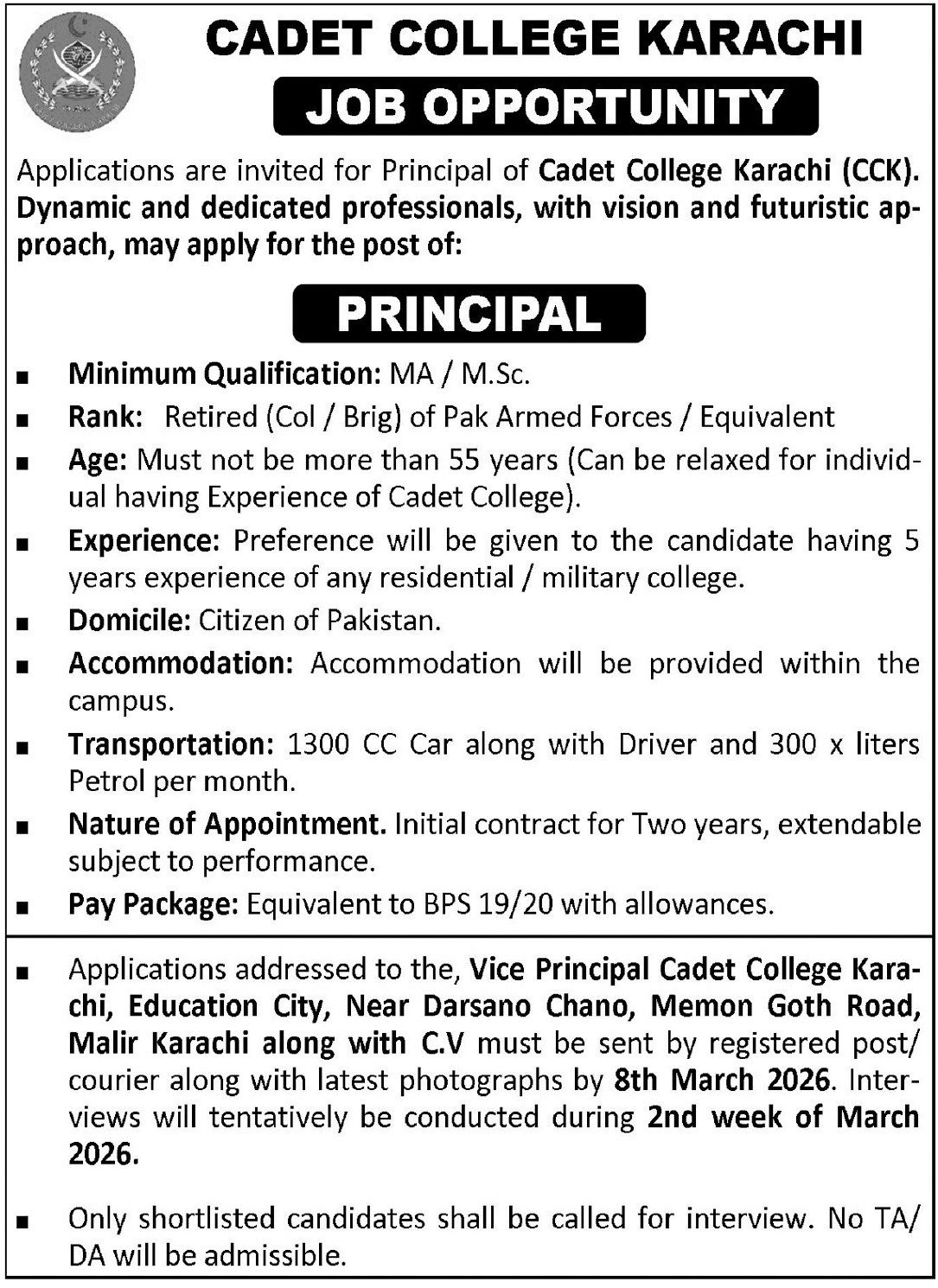 Cadet College Karachi CCK Jobs 2026 For Principal