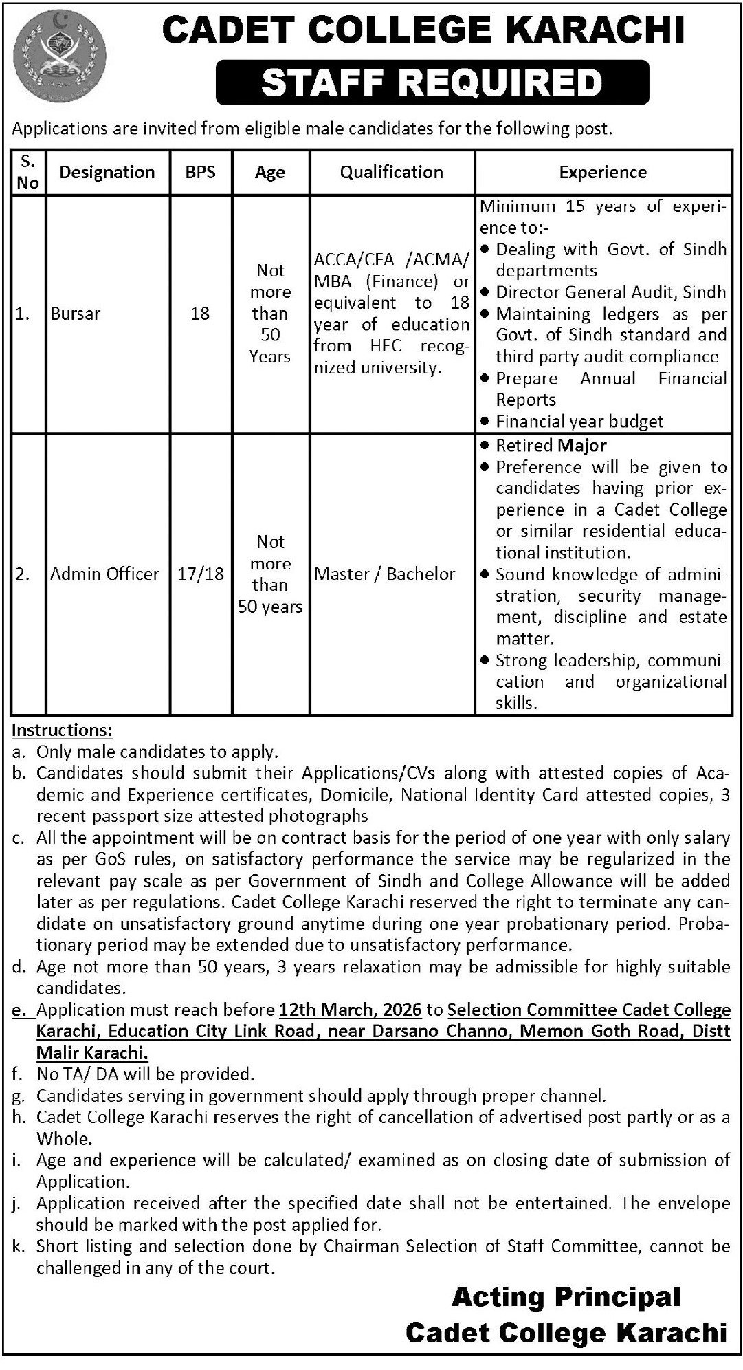 Cadet College Karachi Jobs 2026 For Bursar and Admin Officer