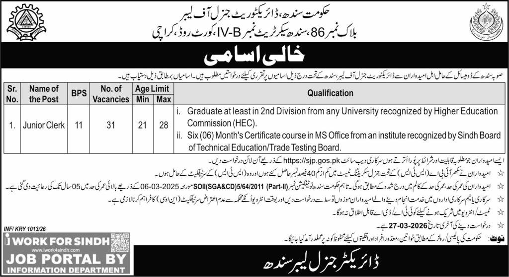 Directorate General Of Labor Sindh DGLS Jobs 2026