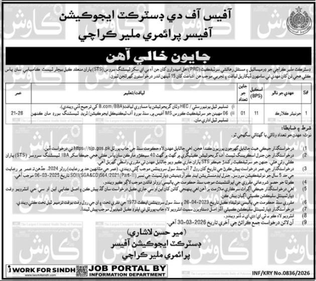 District Education Officer Malir Karachi Jobs 2026