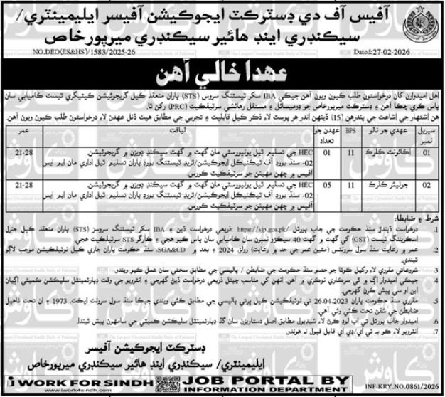 Elementary Secondary and Higher Secondary Sindh Jobs 2026