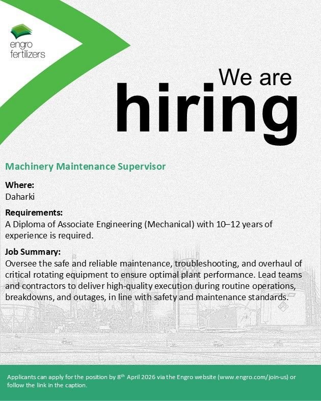 Engro Fertilizers Hiring a Machinery Maintenance Supervisor Jobs