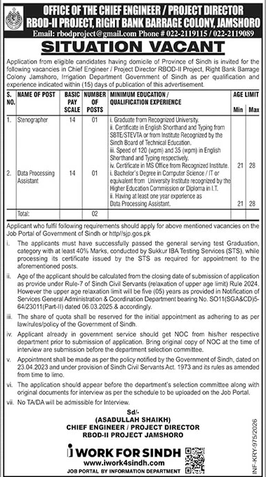 Irrigation Department Jamshoro Jobs in Sindh 2026