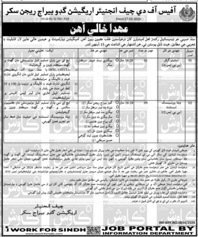 Irrigation Department Sukkur Jobs BY SJP 2026