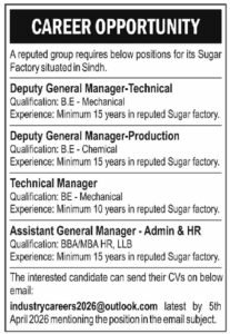 Job Opportunities at Sugar Factory in Sindh