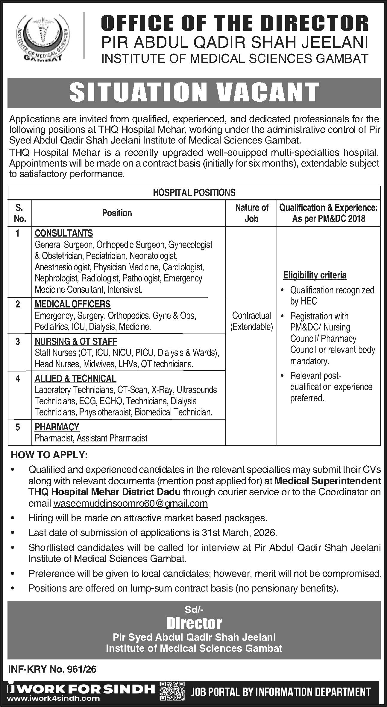 Jobs at Pir Abdul Qadir Shah Jeelani Institute Of Medical