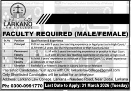 Larkano Law College Jobs Apply Online 2026