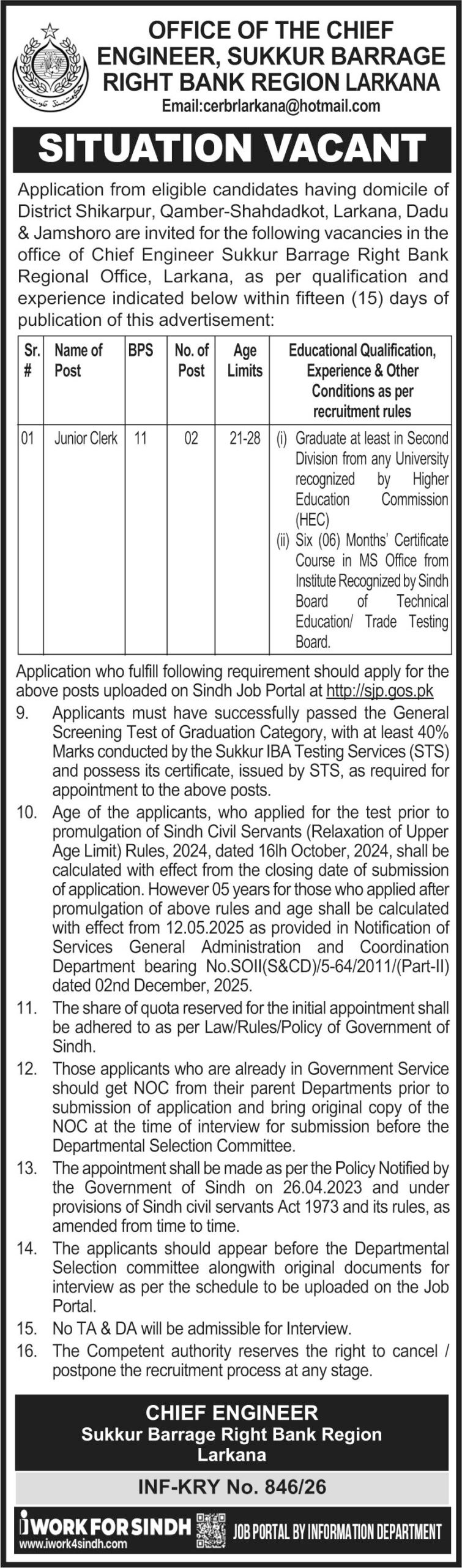Latest Irrigation Department Larkana Jobs 2026