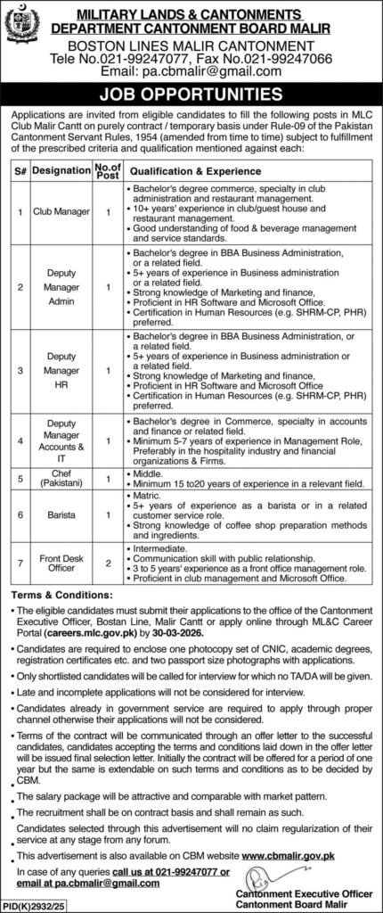 Military Lands and Cantonment Department MLC Sindh Jobs 2026