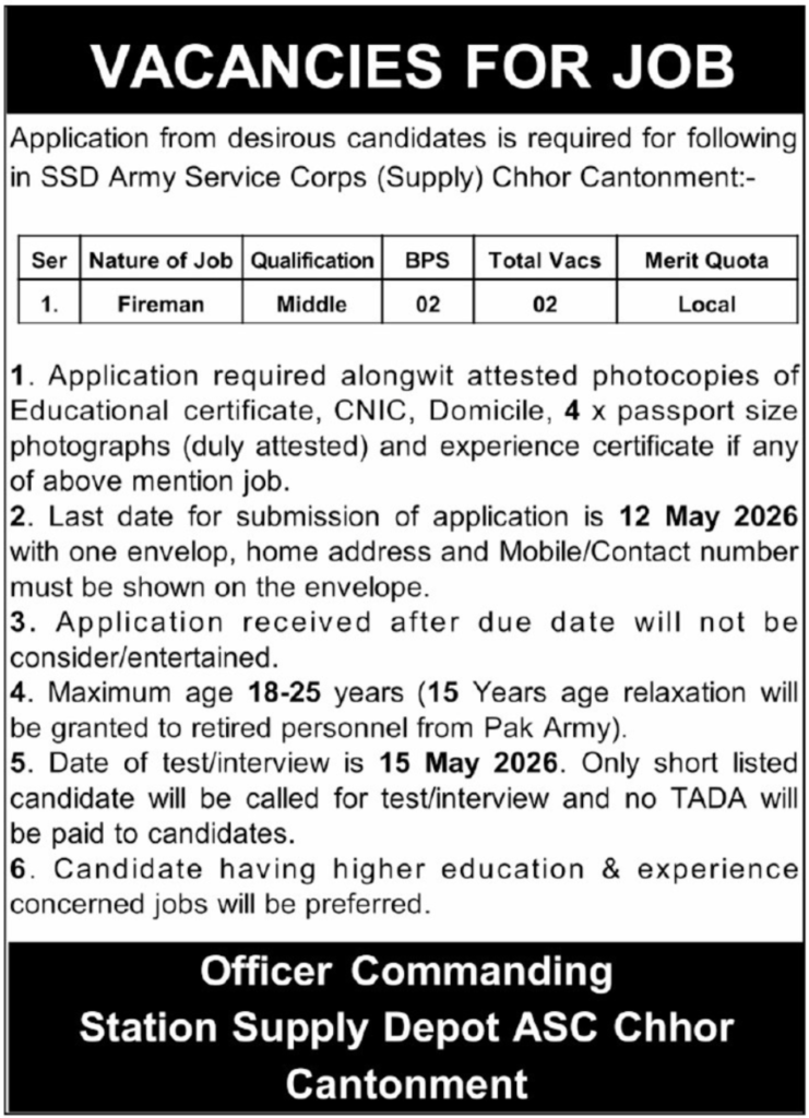 Pak Army SSD Army Service Corps Supply Jobs 2026