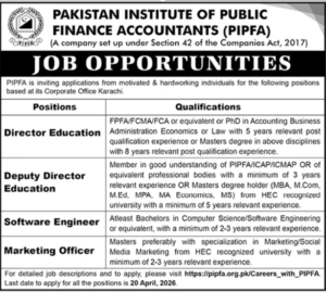 Pakistan Institute of Public Finance Accountants PIPFA Jobs Apply Online