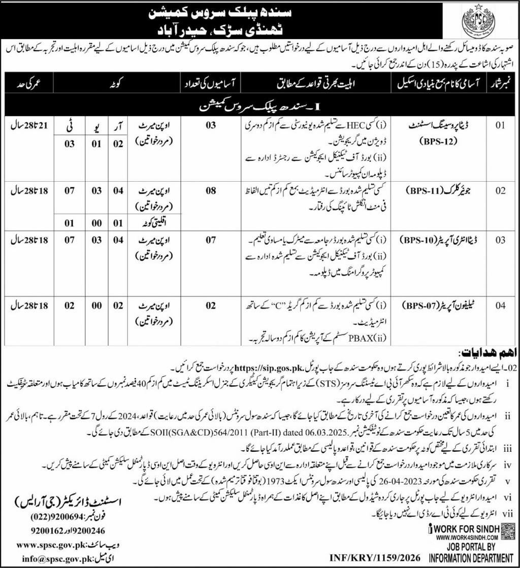 SPSC Sindh Public Service Commission Jobs 2026 Online Apply