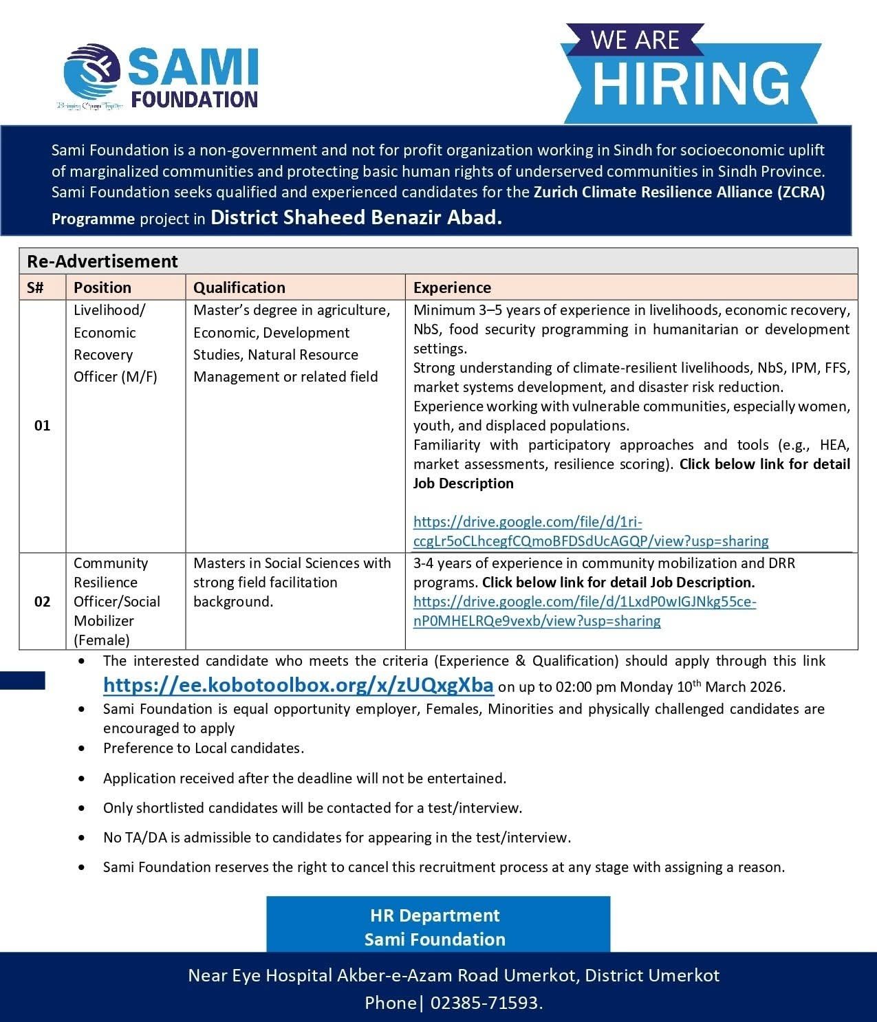 Sami Foundation NGO Job Opportunities Apply Now