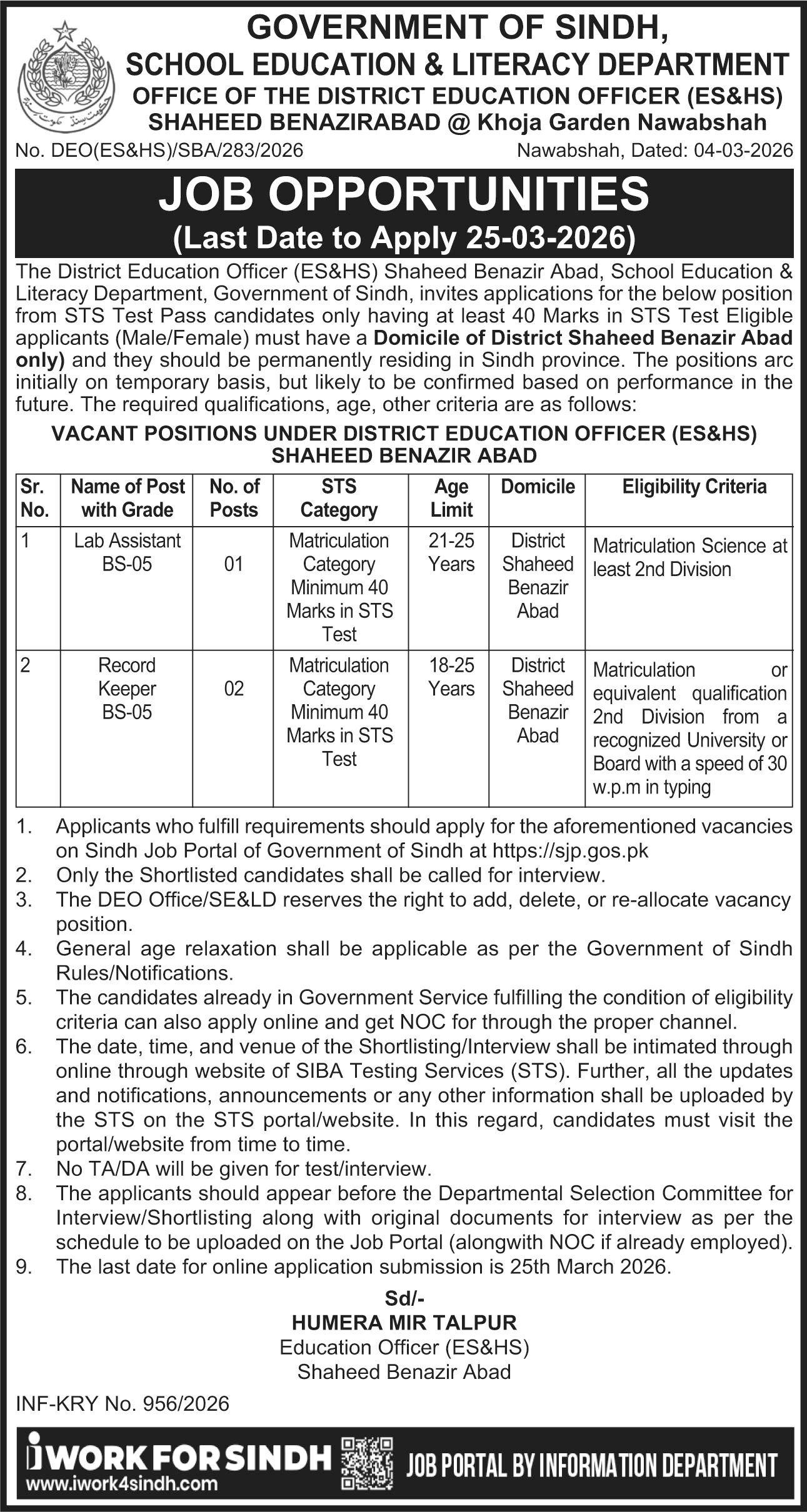 School Education and Literacy Department Education Nawabshah Jobs