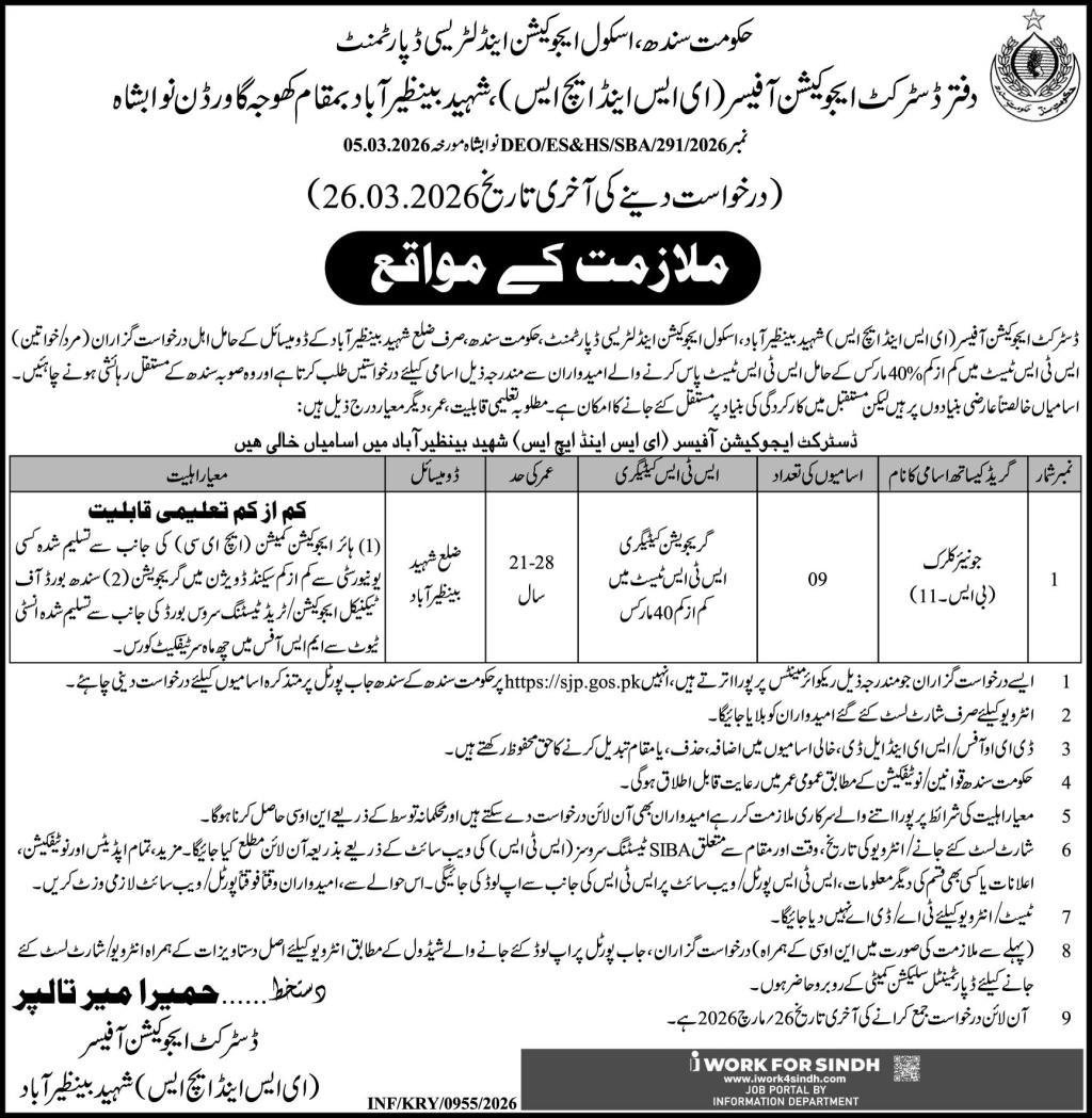 School Education and Literacy Department Shaheed Benazirabad Jobs