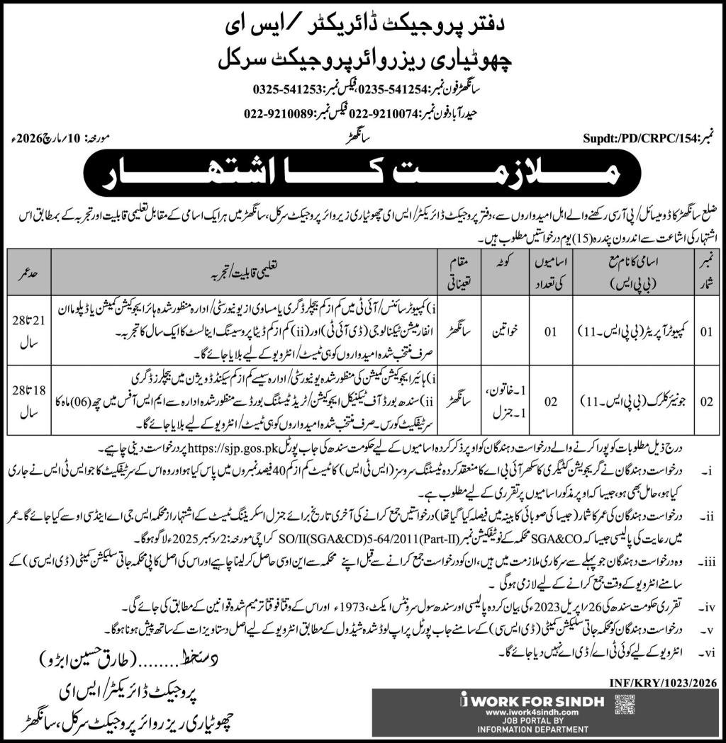 Sindh Irrigation Department Sanghar Jobs 2026