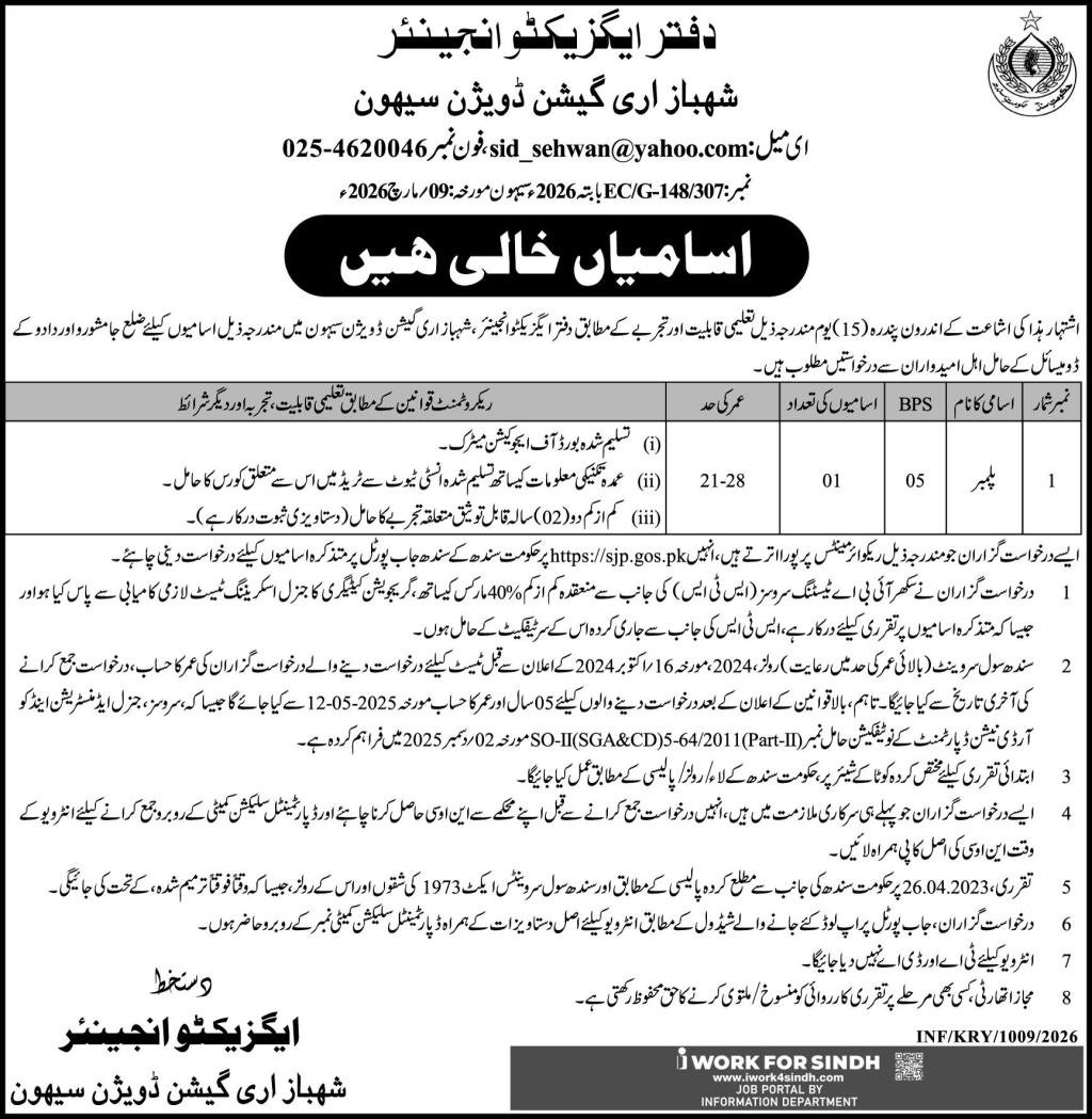 Sindh Irrigation Department Sehwan Jobs 2026