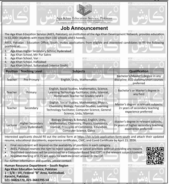 Aga Khan Education Service Pakistan Jobs 2026