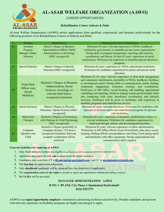 Al Asar Welfare Organization NGO Jobs in Sindh 2026