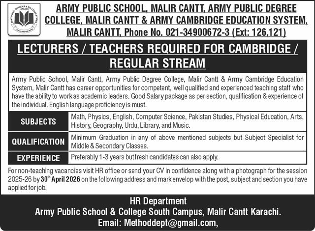 Army Public School and College APSC Karachi Jobs 2026