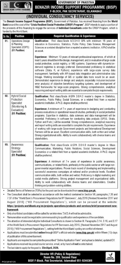 Benazir Income Support Programme BISP Jobs 2026 Online Apply