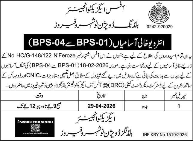 Buildings Division Naushahro Feroze Jobs Interview Announced