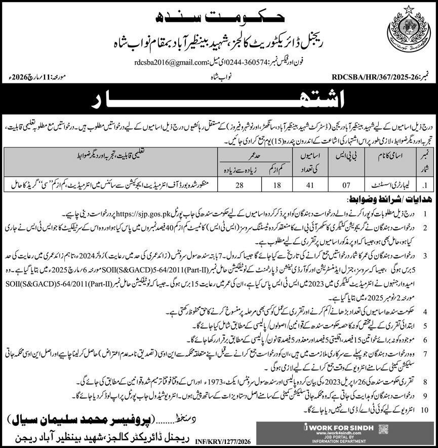 College Education Department Education Posts Nawabshah 2026