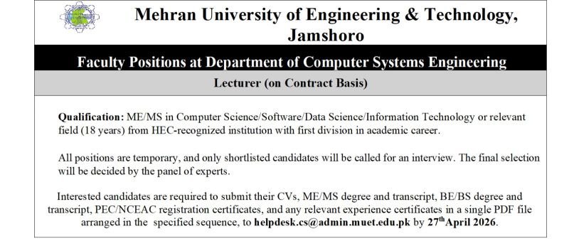 Department of Computer Systems Engineering MUET Jamshoro Jobs