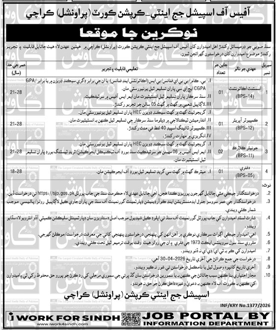 Government Sindh Anti Corruption Court Jobs 2026