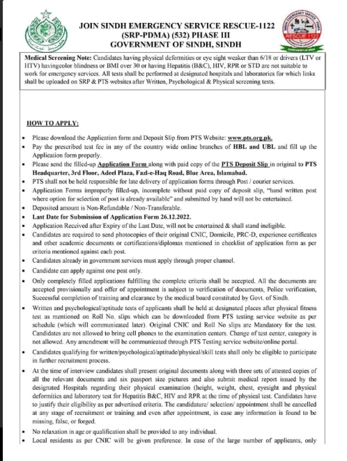 Government Sindh Emergency Service Rescue 1122 Jobs 2026a