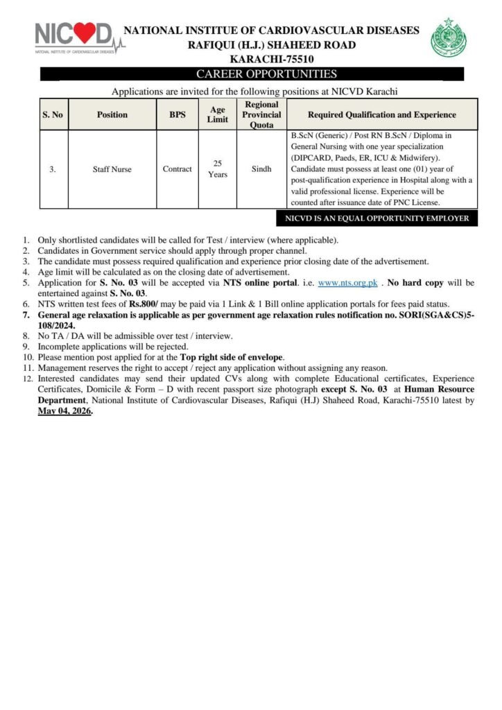 Health Department NICVD Staff Nurse Jobs 2026