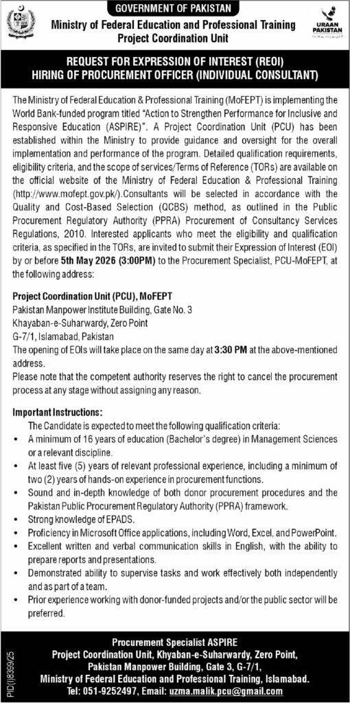 Job Posts at Ministry Of Federal Education and Professional Training