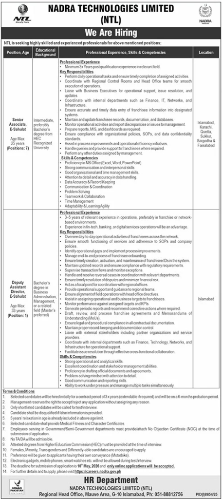 Jobs At Nadra Technologies Limited NTL Online Apply